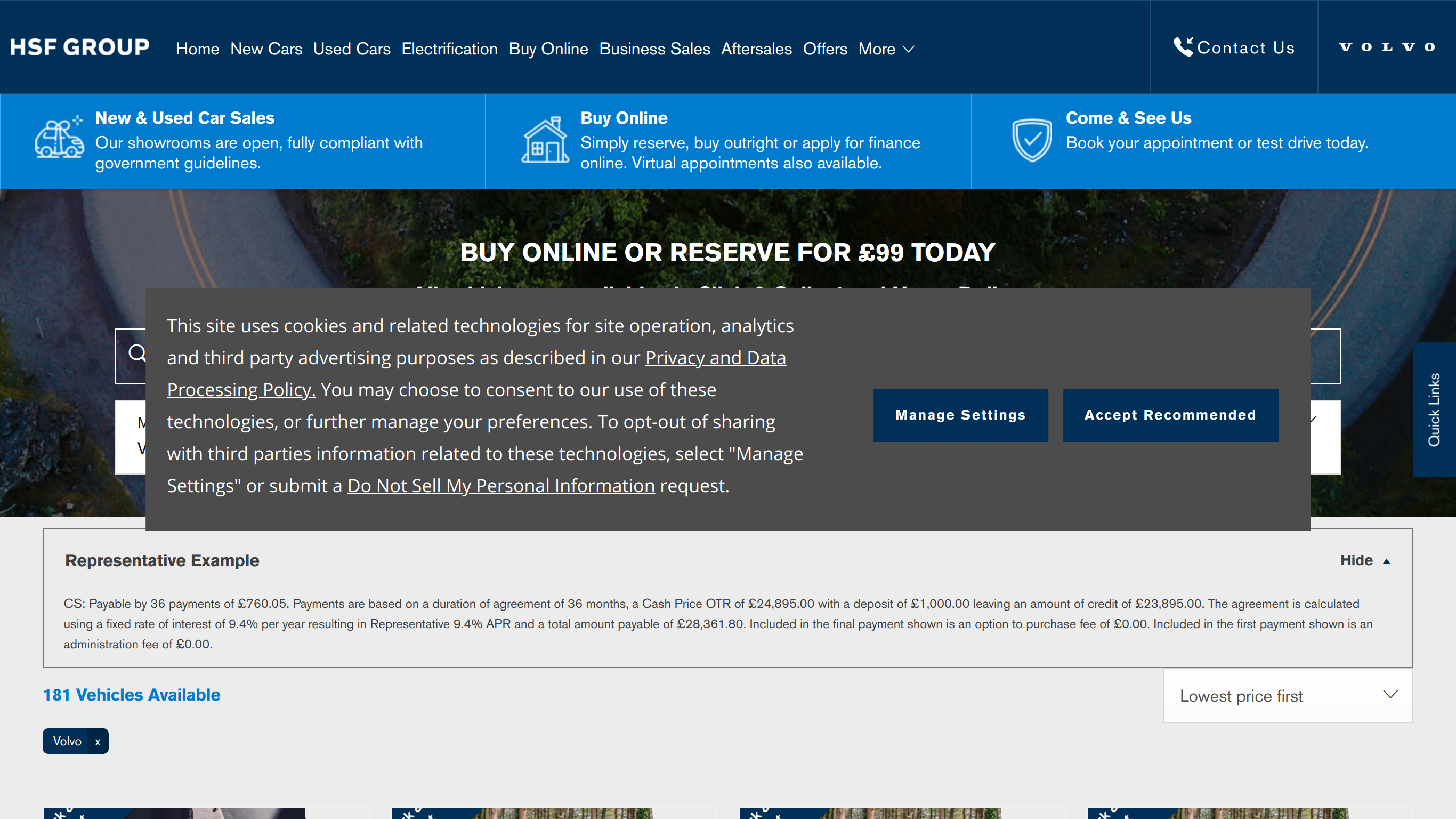 Volvo Cars Tonbridge screenshot taken from https://www.hsfgroup.co.uk/used-cars/