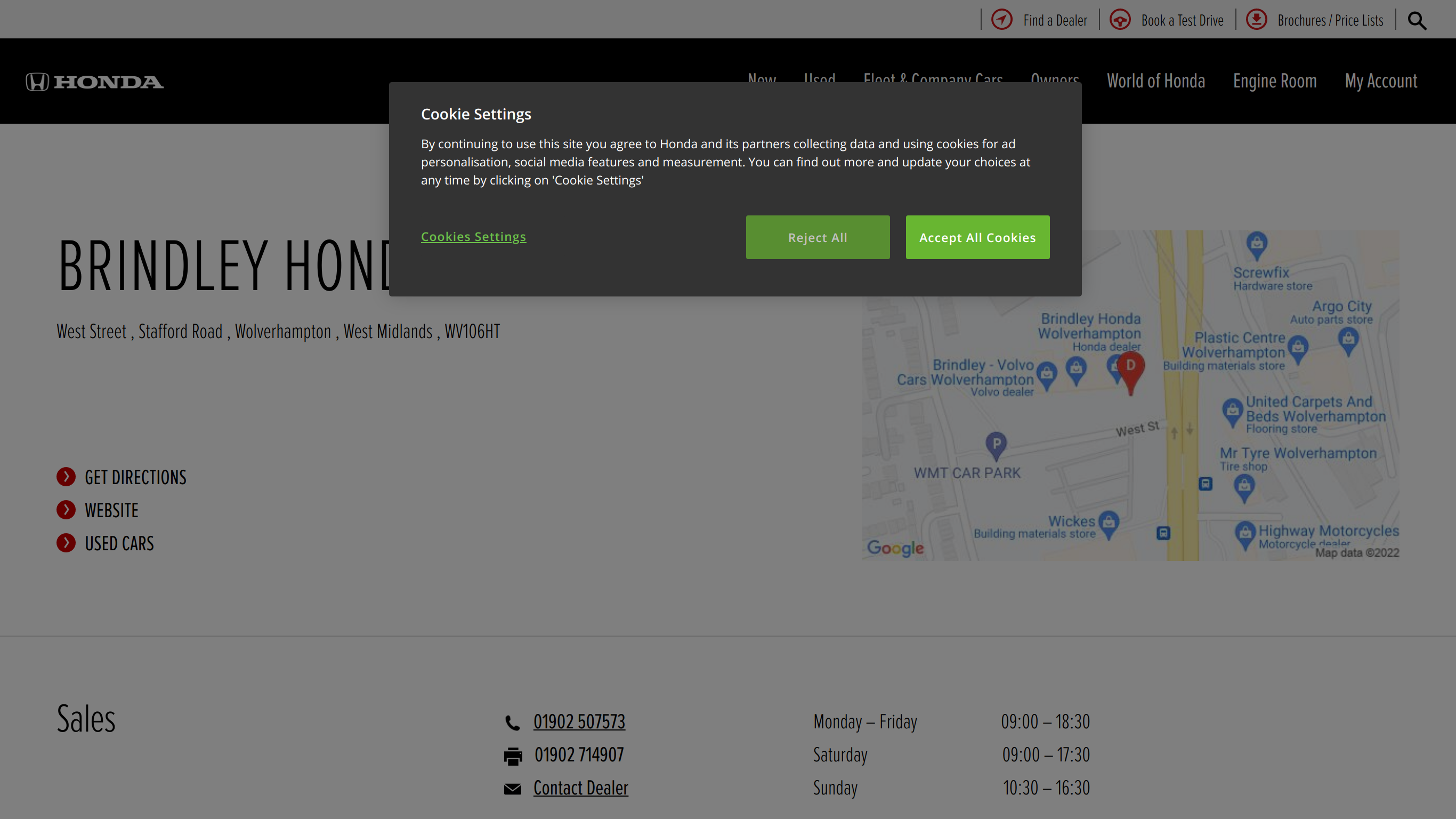screenshot taken from www.brindleyhonda.co.uk