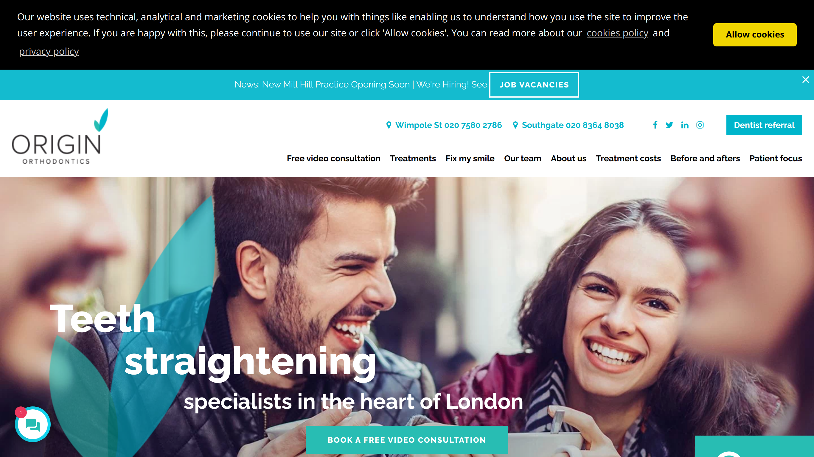 Website screenshot for Origin Orthodontics, London