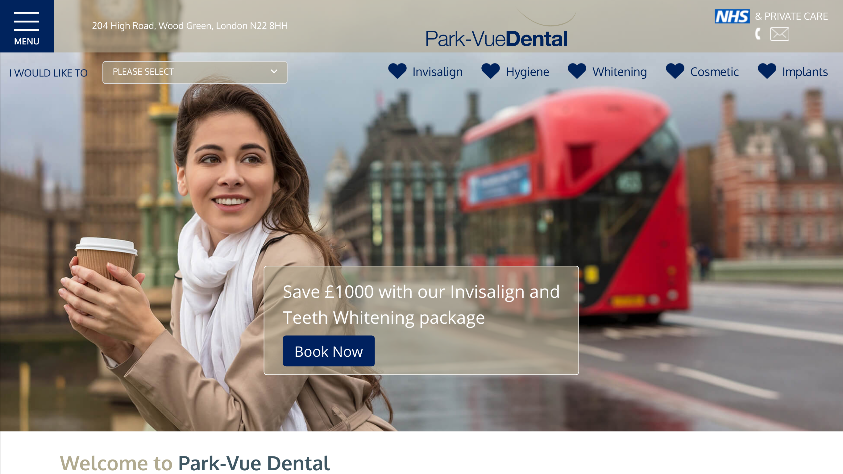 Website screenshot for Park-Vue Dental Practice, London