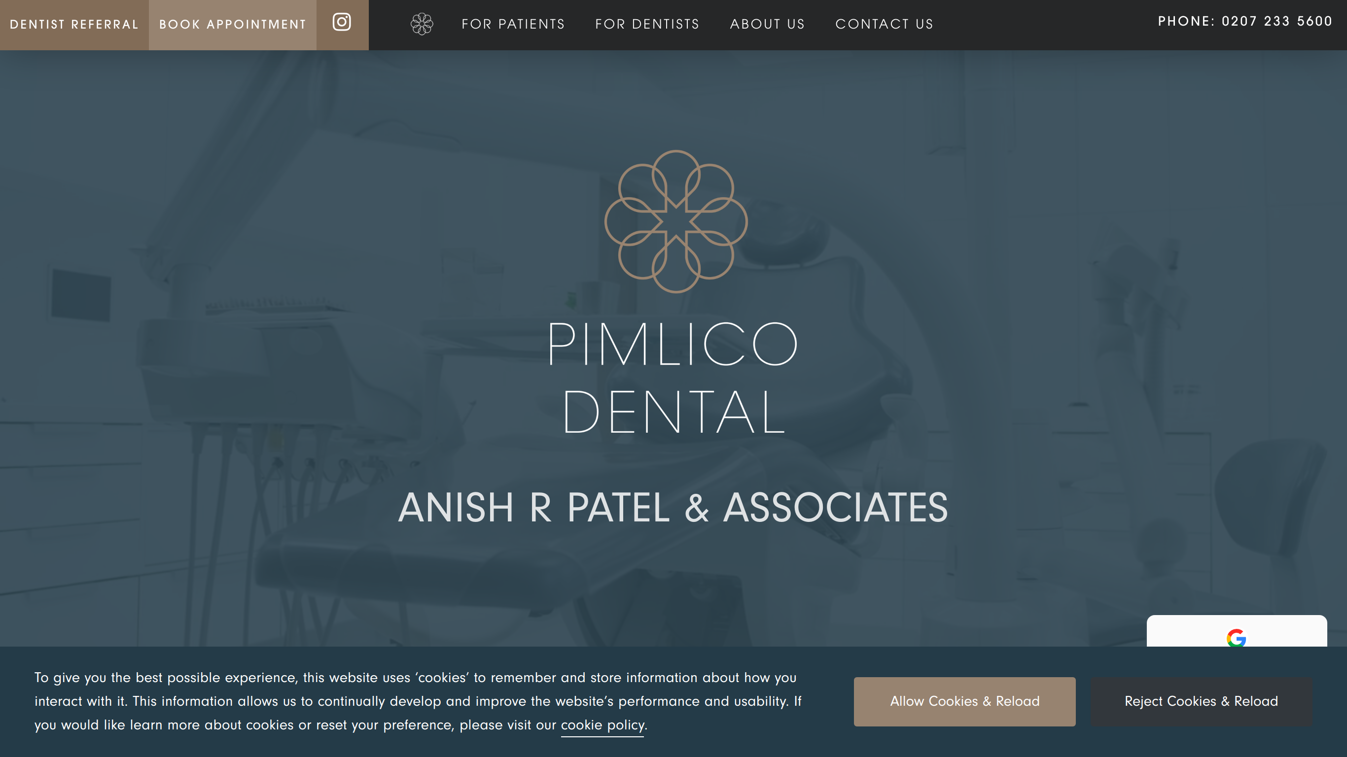 Pimlico Dental Care Website screenshot for Pimlico Dental Care, London